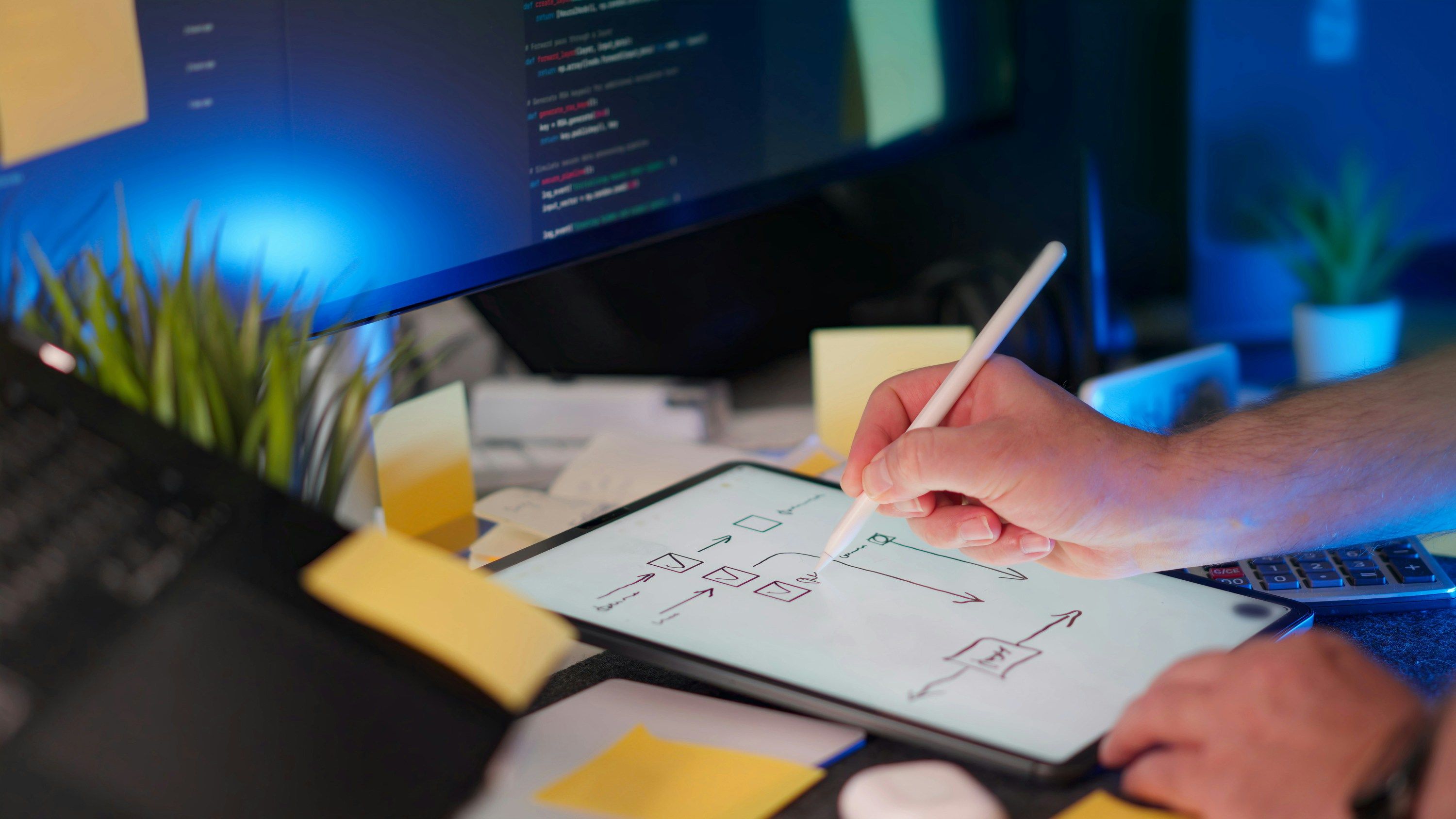 A person using a computer while writing with a pen on a notepad beside them.