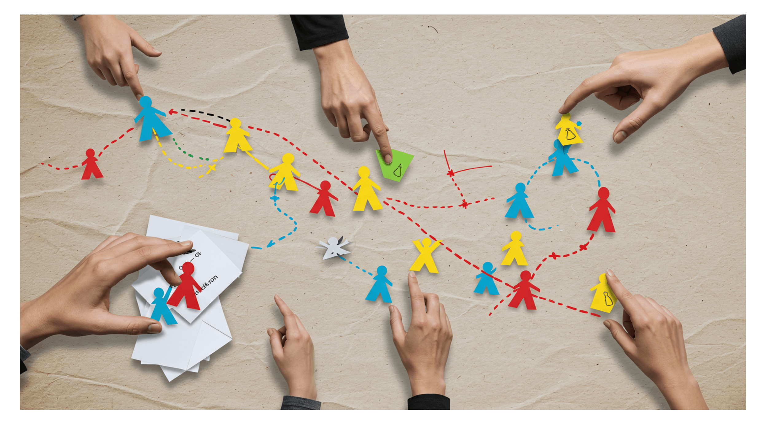 Hands connecting colorful paper figures with dotted lines, representing communication and collaboration between multiple IT vendors and teams.