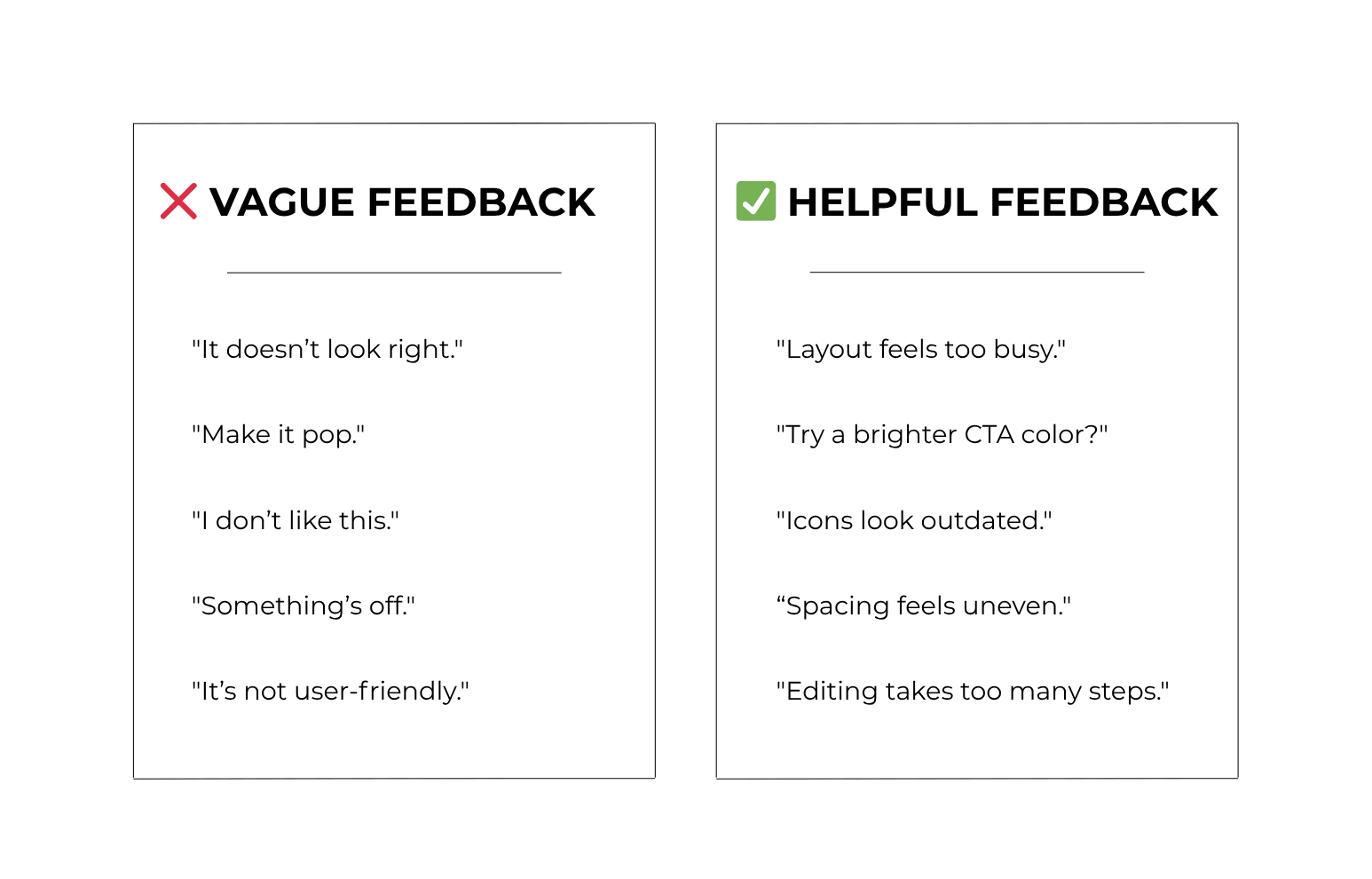 able comparing vague client feedback with clearer, more helpful alternatives. Examples include vague phrases like “Make it pop” alongside specific suggestions like “Try a brighter CTA color.