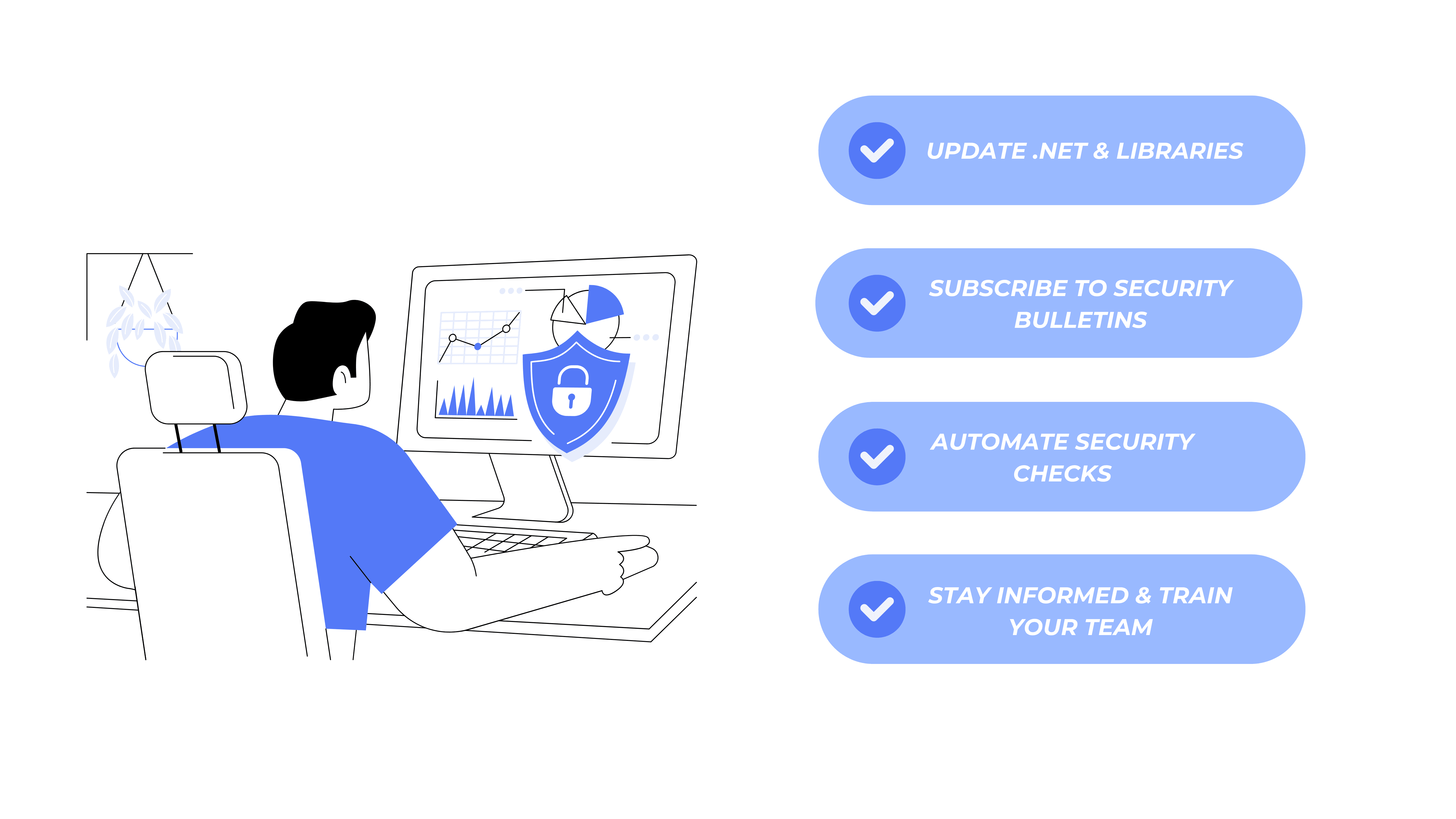 A checklist-style visual highlighting key tips for keeping .NET applications secure, including updates, security alerts, automation, and team training.